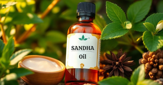 Bottle of Sandha oil amidst green plants.